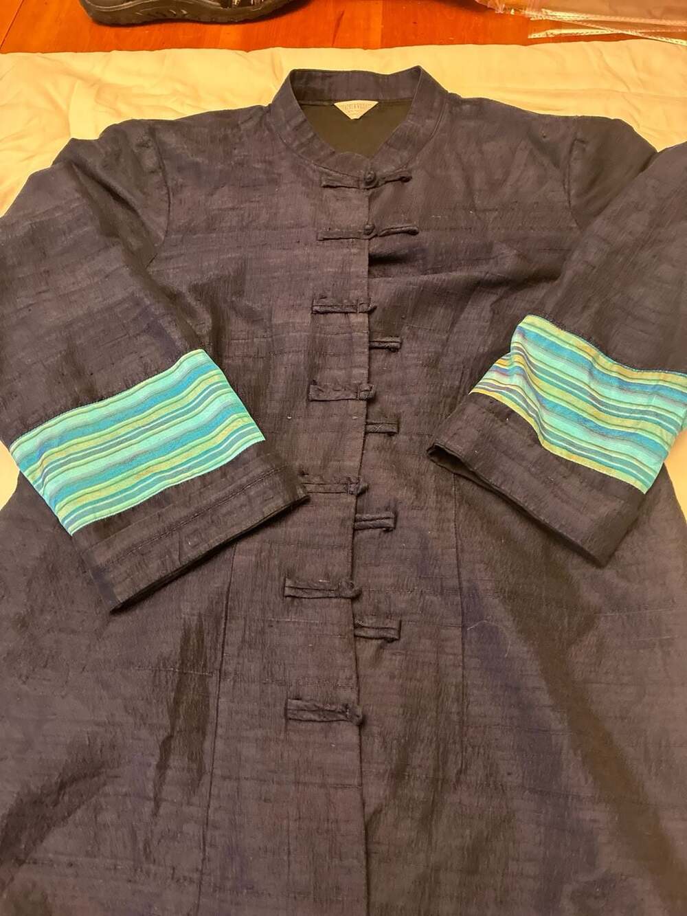 Thai Silk Village 100% Thai Silk Indigo Navy Blue Mandarin Collar Jacket with Fr